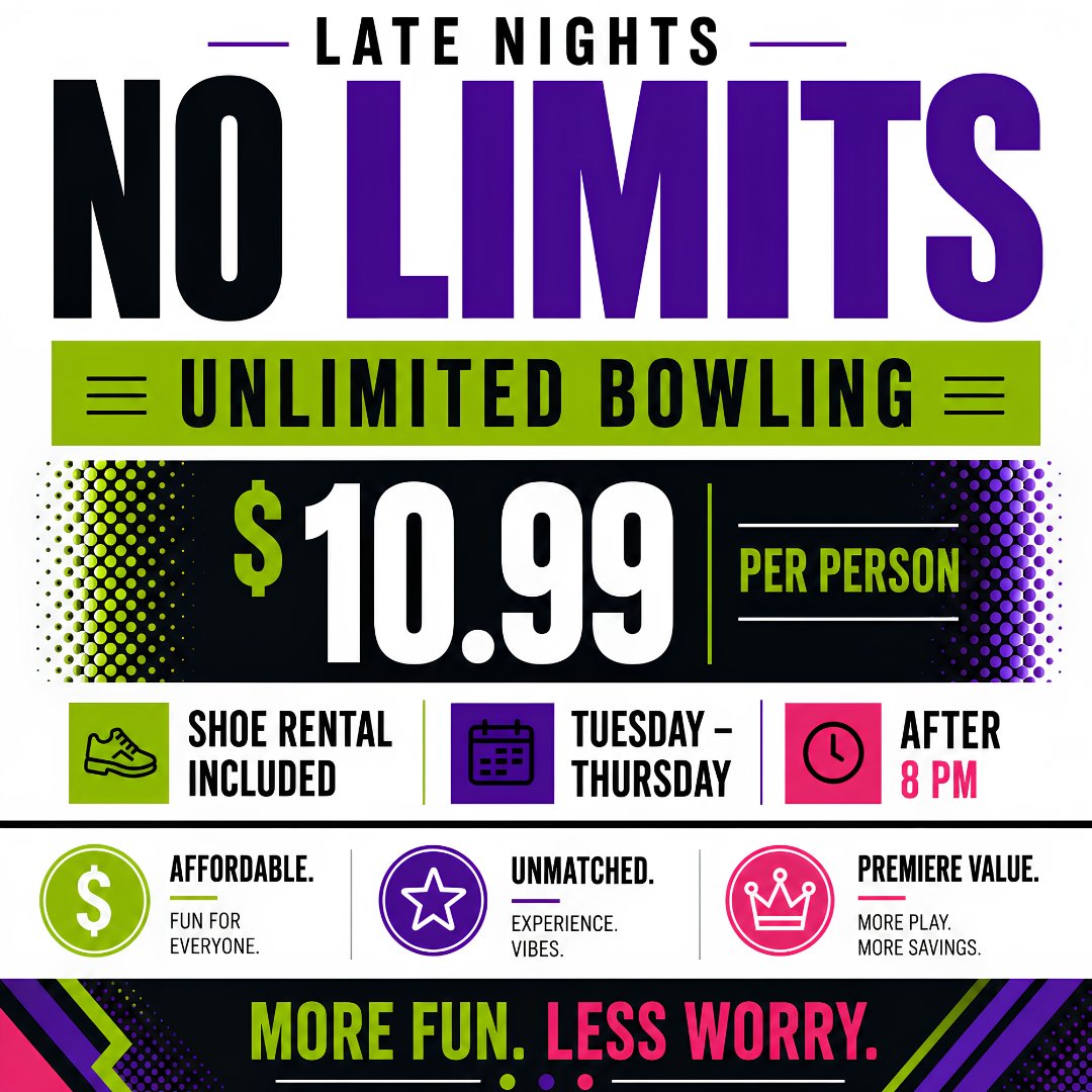 FarmingtonLanes's tweet photo. Looking for the perfect late‑night hang? We’ve got you covered.
Unlimited Bowling for $10.99 (yes… shoes included).
Tuesday–Thursday after 8 PM.

💰 Affordable
❇️ Unmatched
✨ Premiere Value

Your best night out starts on our lanes! https://t.co/AACr0JLxqo