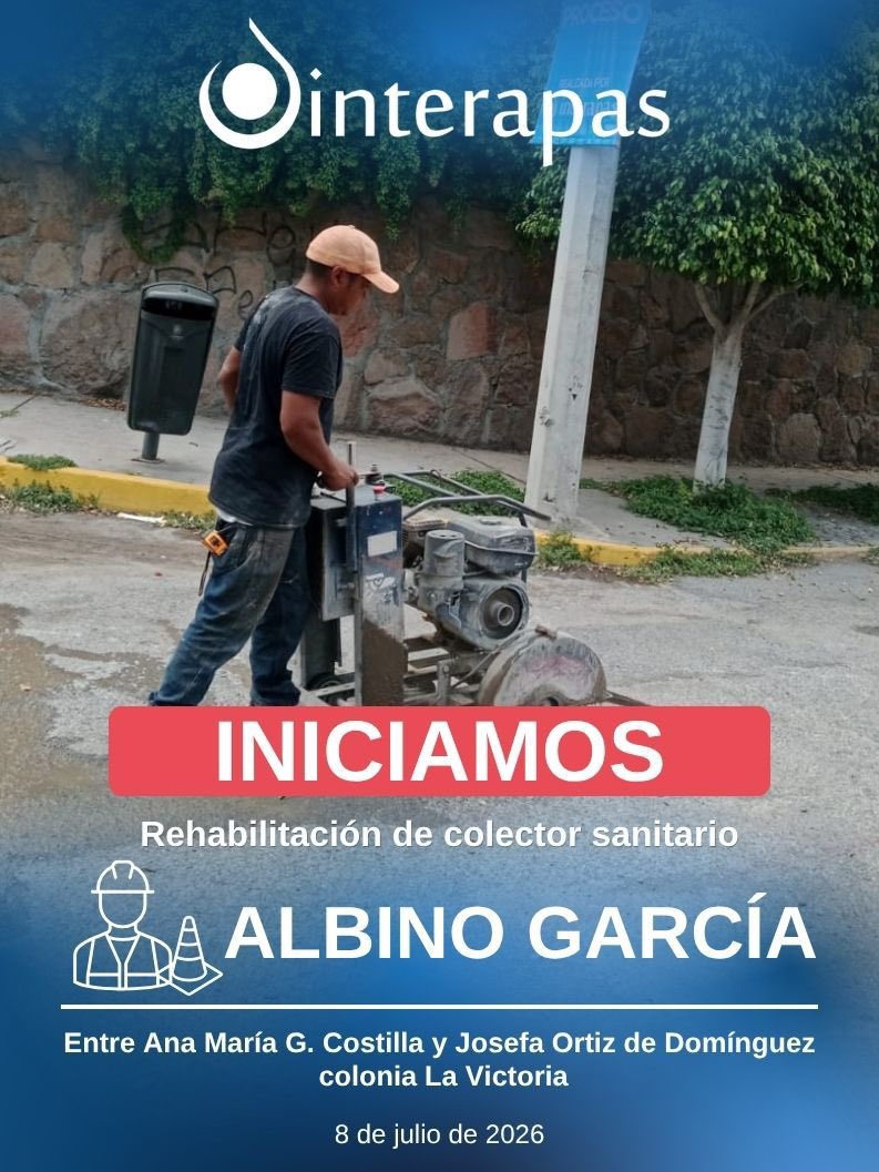Interapas's tweet photo. 🚧💦¡Iniciamos una nueva obra para fortalecer el drenaje!

👷 En la colonia La Victoria comenzamos la rehabilitación de 77 metros del colector sanitario sobre la calle 📍 Albino García, lo que ayudará a mejorar el funcionamiento de la red de drenaje.

#ObrasPrioritarias https://t.co/YemDiaRniQ