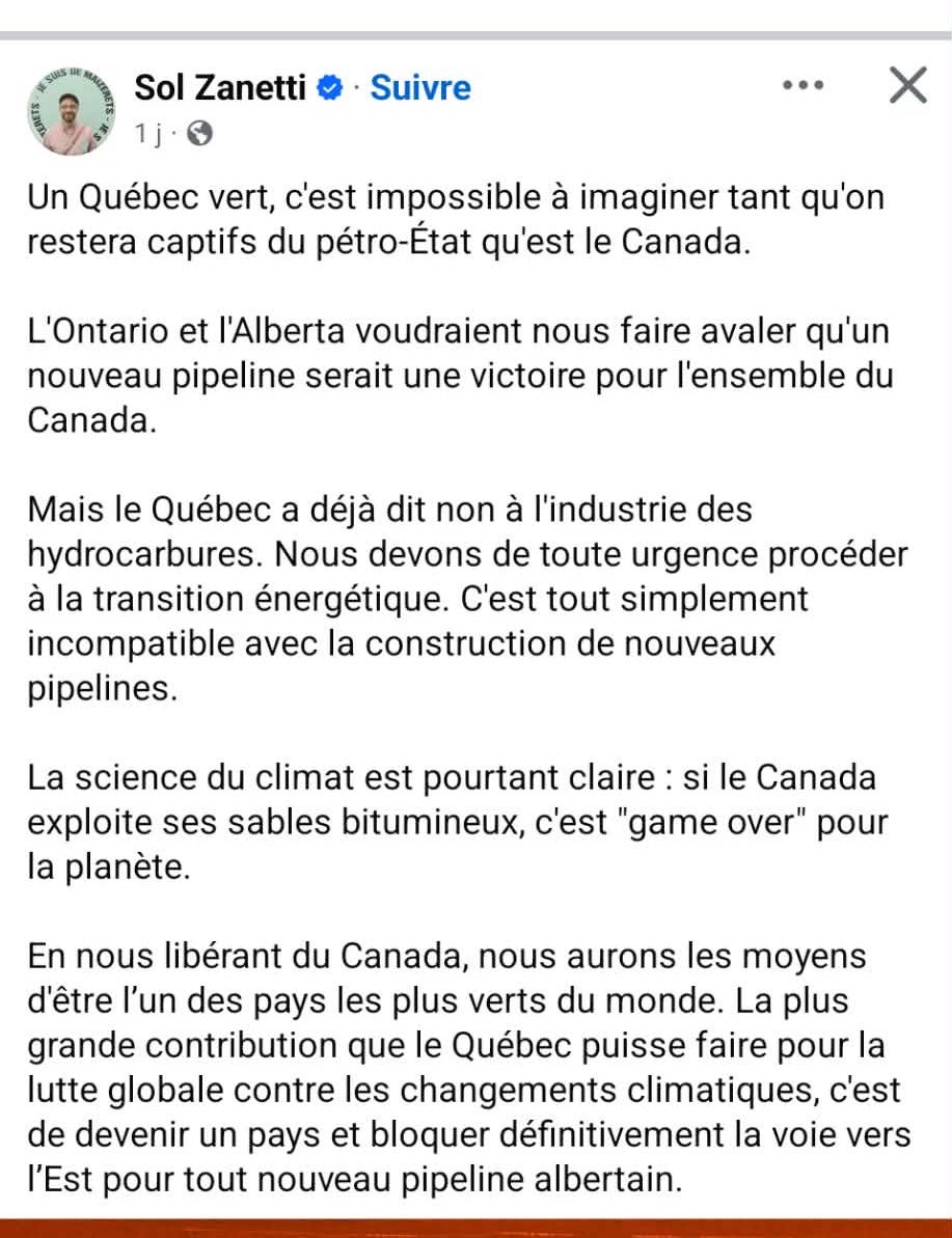 frankdedomiseur's tweet photo. Probablement l’un des arguments les plus médiocres en faveur de la souveraineté. “Si le Canada exploite ses sables bitumineux c’est game over pour la planète”… Pensez vous que sans le Québec le Canada va se gêner ? Complètement loufoque comme logique. https://t.co/kwHijOPEIU