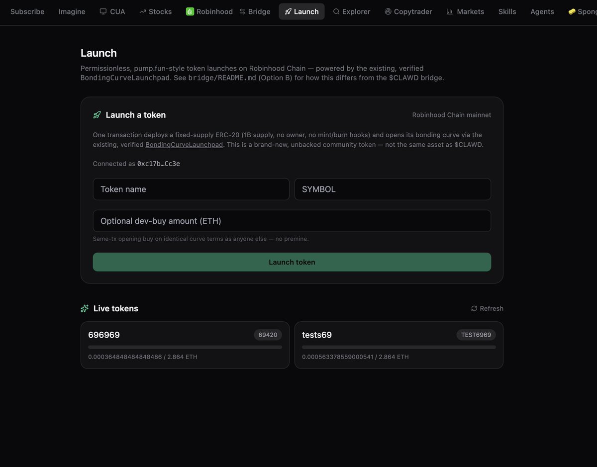 0rdlibrary's tweet photo. ME and $Clawd can do anything man.

"Permissionless, pump.fun-style token launches on Robinhood Chain — powered by the existing, verified BondingCurveLaunchpad. See bridge/README.md (Option B) for how this differs from the $CLAWD bridge." https://t.co/Z2b1ud1mHU