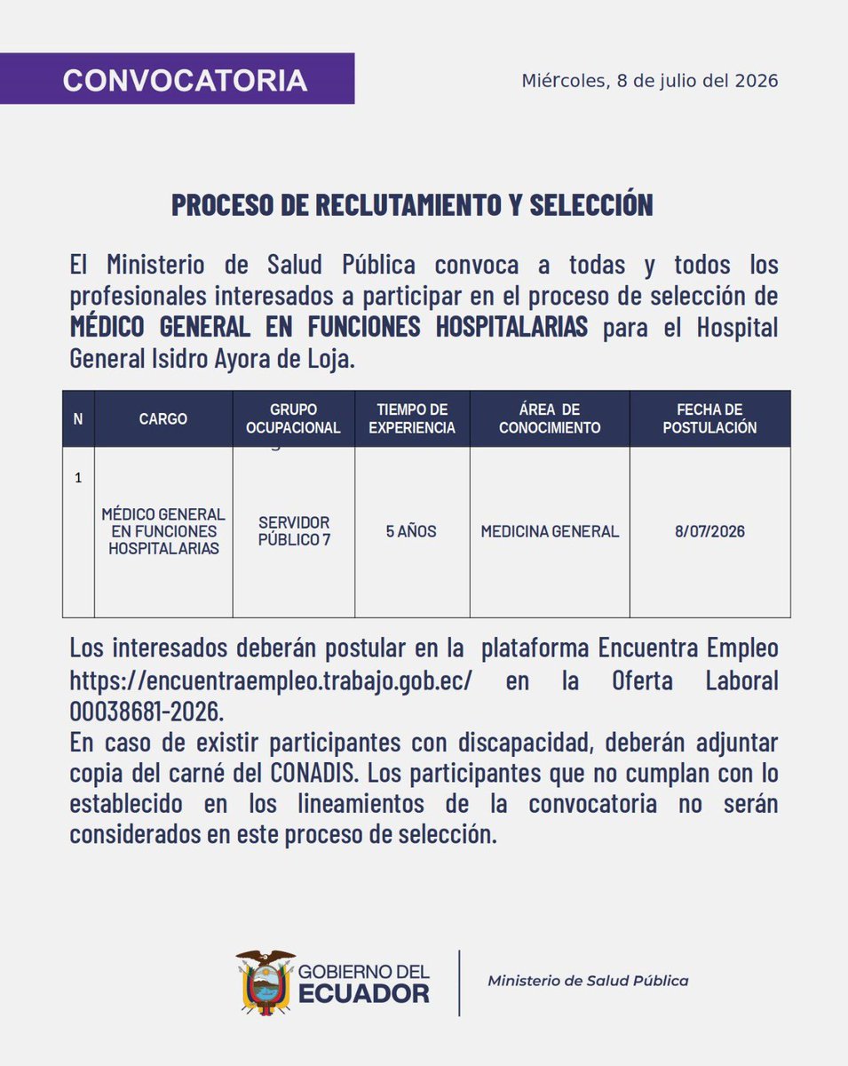 HIAyoraLoja's tweet photo. 📢 CONVOCATORIA ABIERTA | El @HIAyoraLoja invita a profesionales a participar en el proceso de selección para las siguientes especialidades:

✅ Médico General
✅ Neurólogo
✅ Tecnólogo Médico de Rehabilitación y Terapia Física 
✅ Médico Especialista en Imagenología https://t.co/8tedfwV7Tp