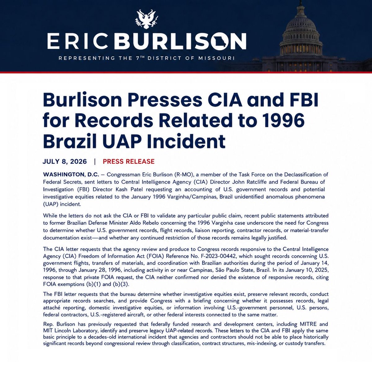 disclosureorg's tweet photo. Rep. Eric Burlison sent letters to the CIA and FBI requesting that they identify, preserve, and brief Congress on any U.S. government records or investigative equities related to the January 1996 Varginha Brazil UAP incident.

https://t.co/bf77RXWjoT https://t.co/vSSdojrcKC