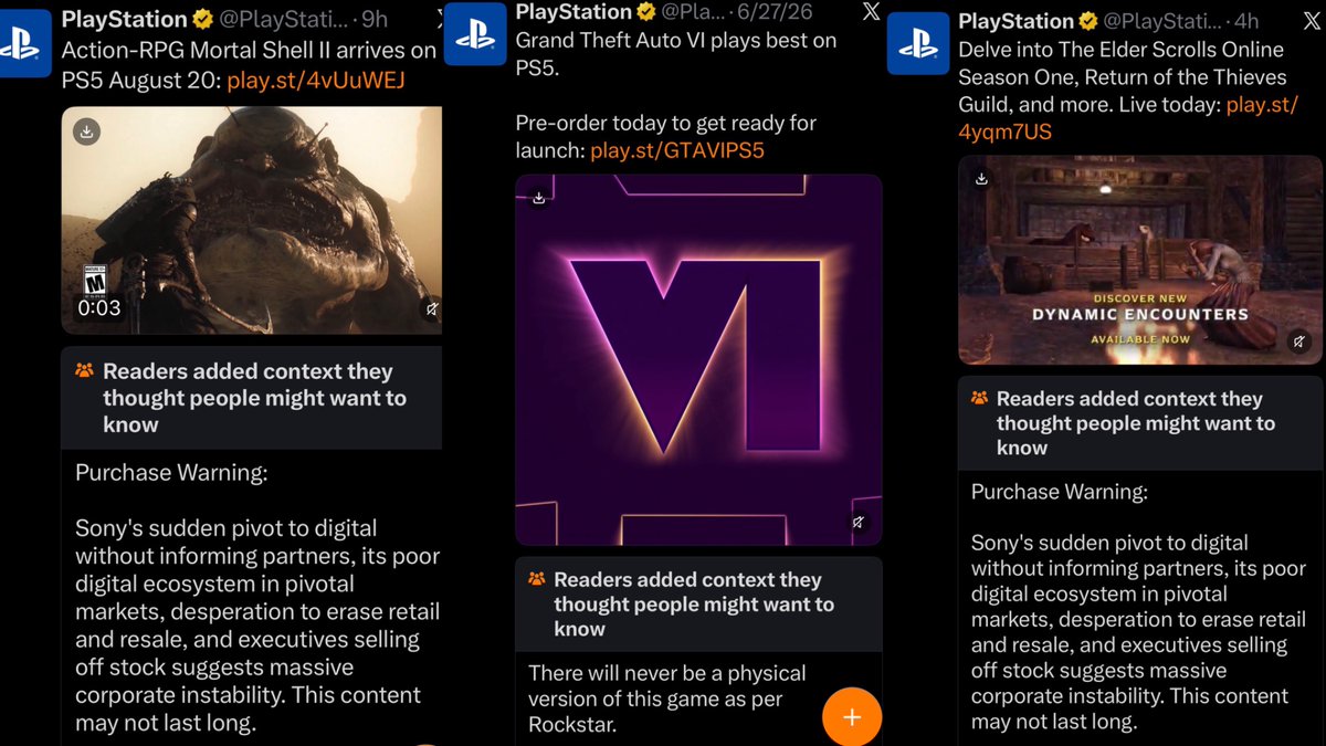 SuperSisi's tweet photo. Sony struggling immensely:

almost every post PlayStation is making is being community noted due to a massive campaign against their proposed termination of physical games. Some are even titled “Purchase Warning” ‼️ 

Here are just a few of the notes that have appeared in the last day: