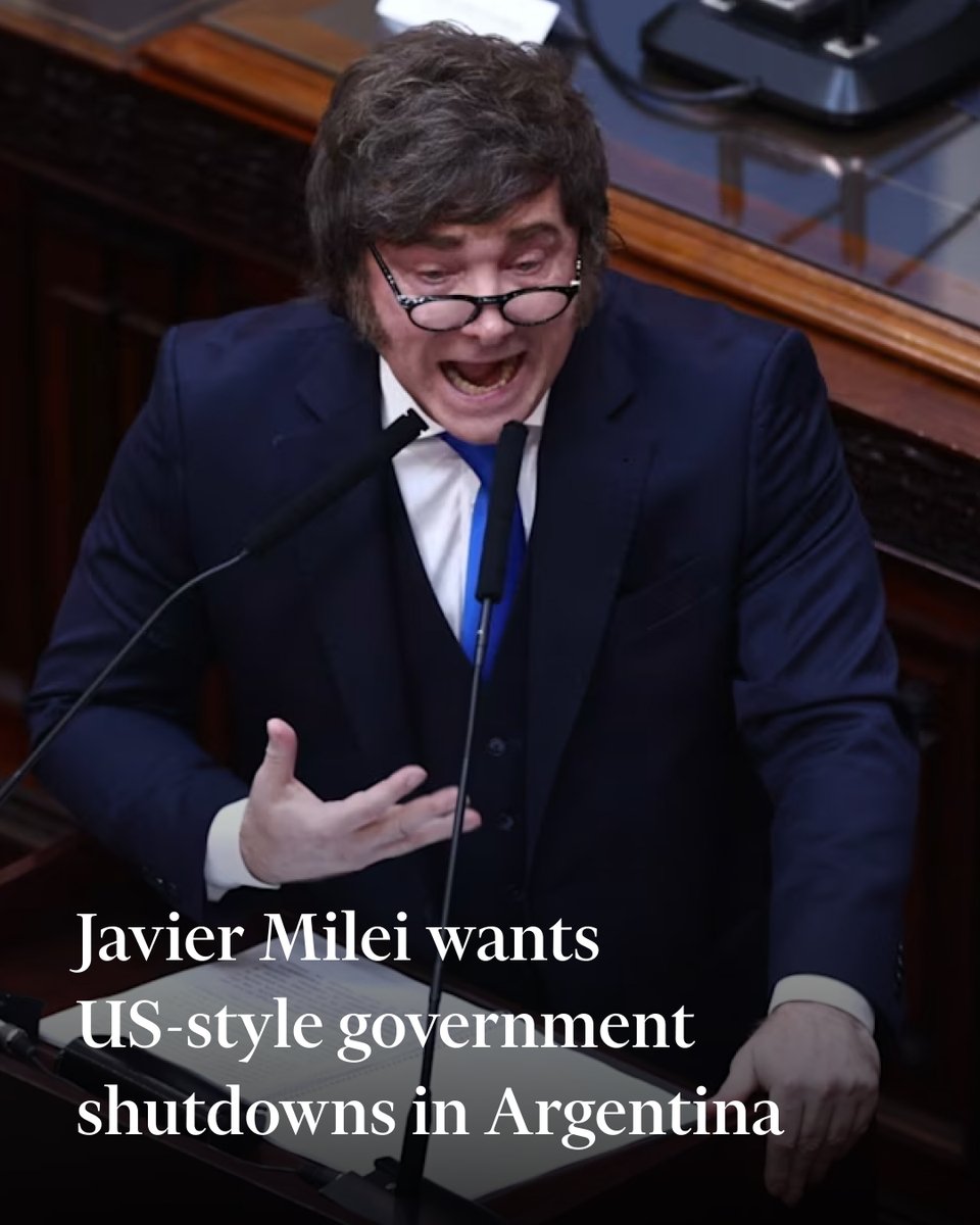 FT's tweet photo. Javier Milei wants to reform Argentina's budget system to force US-style government shutdowns in the event of congressional deadlocks, as the libertarian leader seeks to further enshrine his austerity agenda. https://t.co/cnVVFm41zq https://t.co/89p7d0IInX