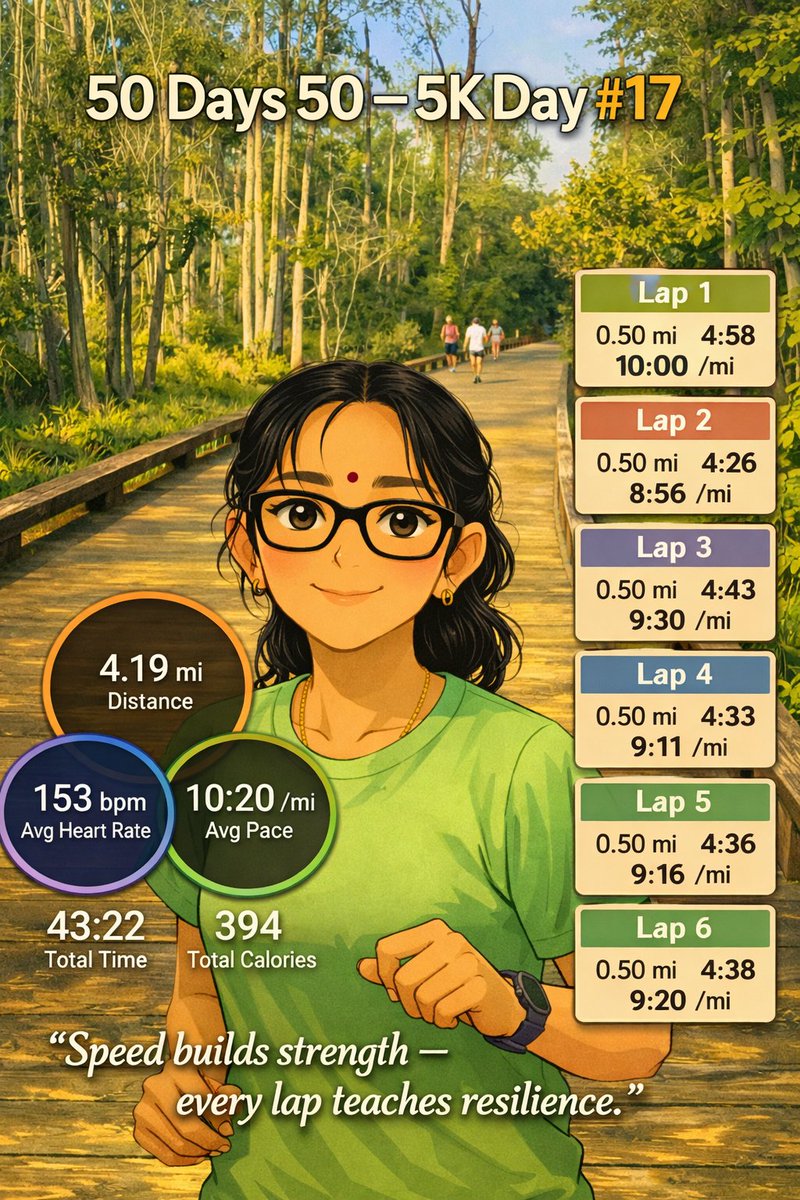 Jayalakshm61866's tweet photo. 50 Days 50 – 5K Day #17 💨
Speed builds strength — every lap teaches resilience.
4.19 mi | 10:20 /mi | 153 bpm | 43:22 | 394 cal
#SpeedRepeats #FowlerTrails #MarathonRunnersOfAtlanta #MarathonMindset #ChooseExerciseNotDrugs #HealthyHabits https://t.co/DgCTncbtFp