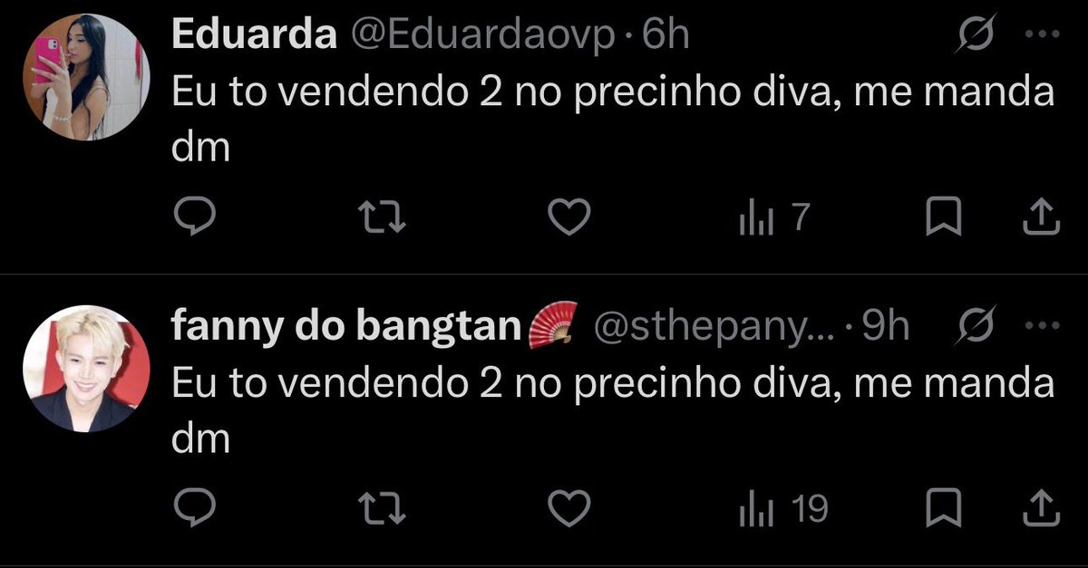jovannagi's tweet photo. Passando mal com as 2 golpistas usando o mesmo texto, ou será o mesmo golpista em contas diferentes?? https://t.co/GxrpQvfKPc