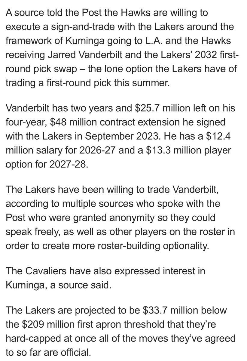 Rome_Beast's tweet photo. hawks want a pick swap from the lakers to take on vanderbilt and complete the sign and trade for kuminga

steep price but the lakers would still have 3 seconds to deal after this if they were to trade the pick

would u guys trade ur last swap to get off vando and sign kuminga ? https://t.co/wf5XLltDqz