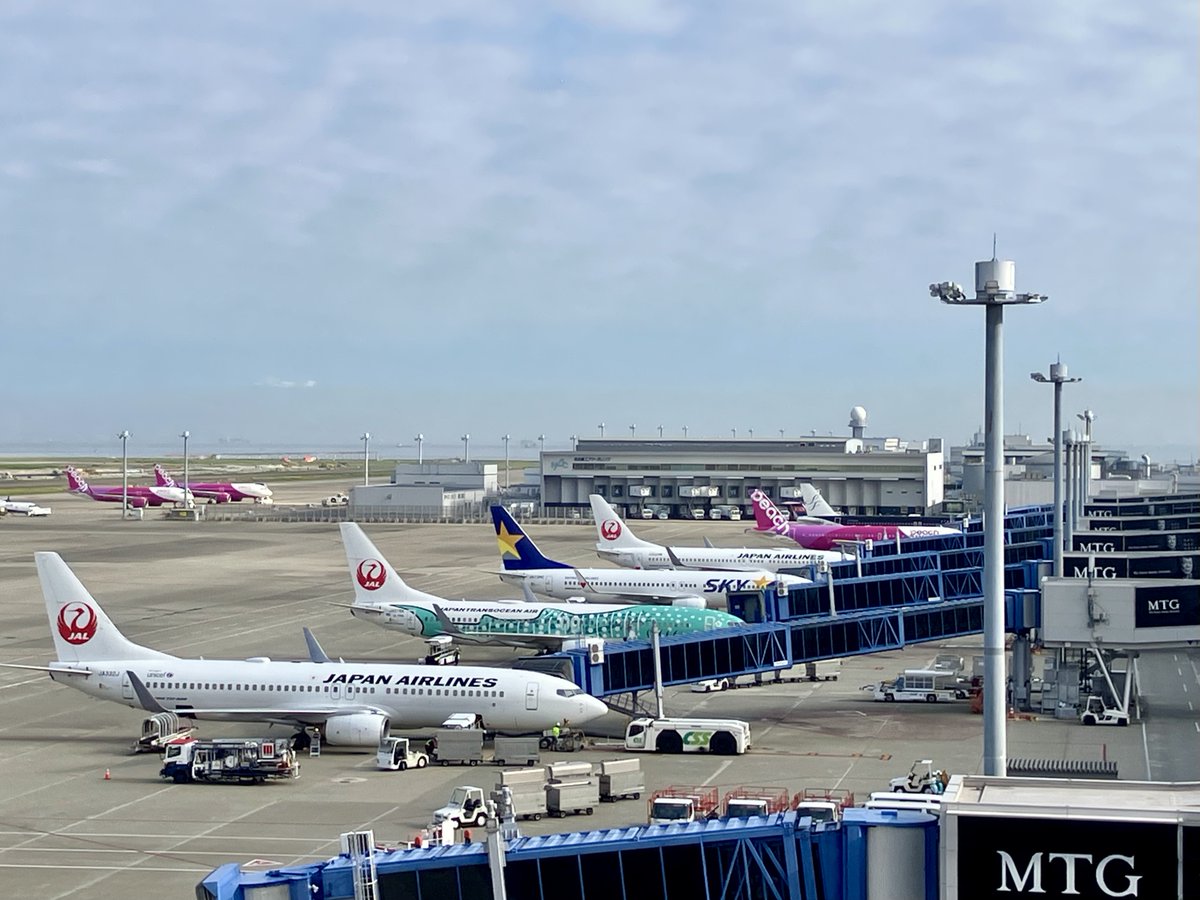 Centrairairport's tweet photo. セントレアの国内線の様子です。JTAのジンベエジェット3号機の「結ジンベエ」の姿も見えますね。今日も一日安全運航で行ってらっしゃい‼️ https://t.co/1GqYs7yDLM