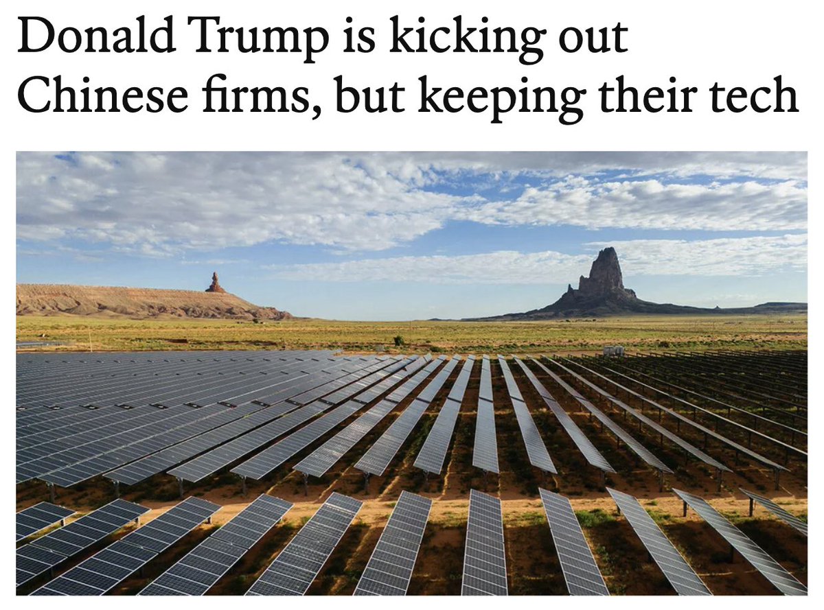 agent_of_change's tweet photo. The Economist has published a revealing little story about the US’s clean-energy sector that neatly captures the whole logic of the tech war.

Over 2022–24, Chinese firms poured some $15.5 billion into US solar and battery manufacturing, building state-of-the-art factories that Americans could not build themselves. Then, in July 2025, Trump’s “One Big Beautiful Bill” barred any company with Chinese links from the subsidies that make the sector viable, and designated Chinese firms “Foreign Entities of Concern”, alongside Iran, North Korea and Russia.

As a result, Chinese investors have been forced into fire sales: nearly $9 billion of assets cancelled, paused or sold off, some at massive discounts, snapped up by North American financiers.

So a Chinese-built solar plant in Dallas now flies the stars and stripes, while an executive effuses: “Never bet against the United States’ engineering and innovation.” It’s quite a boast to make about a factory you didn’t design, built with technology you didn’t invent, on assembly lines – as the Economist notes – “full of Chinese technology”.

US media never stops going on about Chinese companies “stealing” American technology, but the reality is the opposite. And of course it won’t have the desired effect. You can expropriate a factory, but you can’t expropriate the decades of patient state investment, industrial planning and accumulated know-how that produced it. The proof is in the detail the article can’t avoid: China still makes 95 percent of the world’s polysilicon, and the very executives celebrating US “innovation” are now demanding higher tariffs on Chinese inputs so they can “be globally competitive”.

Incredible. Having helped themselves to the fruits of Chinese investment, they now need protection from Chinese competition. That is not the confidence of a technological leader; it is the anxiety of a rentier.