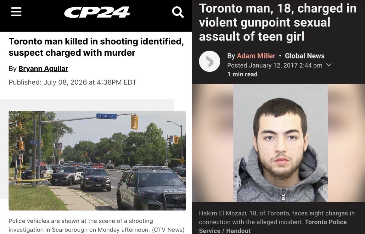 JoniWagner's tweet photo. 28 year old Hakim El Mozazi committed Toronto’s 17th homicide of the year and it’s only July.

Hakim is the same piece of sh-t who in 2017 raped and robbed an 18 year old girl at gunpoint.

What the hell is going on in this country?

Guns are heavily restricted, borders are open, criminals run wild and ‘diversity is our greatest strength’ — and the bodies keep piling up in our cities.

Maybe ‘tough on crime’ and actual borders aren’t such crazy ideas after all. Or just keep importing chaos and pretending it’s enrichment.

Elbows up!
