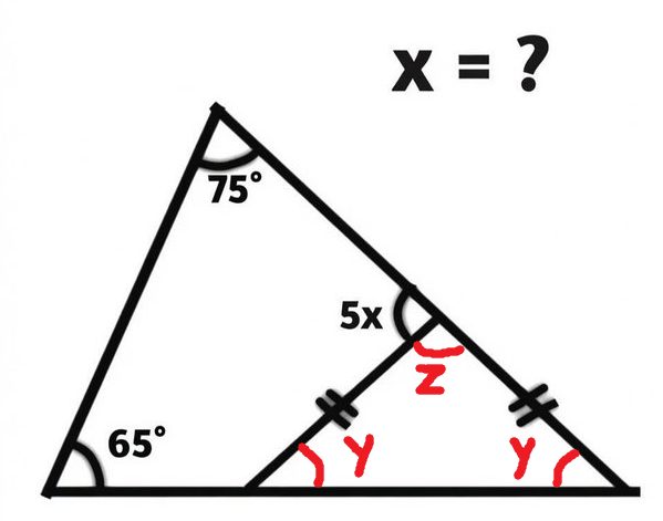 opp_cinza's tweet photo. @vagasprajr triangulo grande: 65 + 75 + y = 180 (ângulos internos do triangulo), logo y = 40
triangulo pequeno: isósceles, possui 2 ângulos iguais y
então y + y + z = 180, como y = 40, então z = 100

Os ângulos 5x + z = 180 (ângulo de meia volta), se z = 100, então x = (180 - 100)/5

X = 16 https://t.co/eWw2oQk9X5