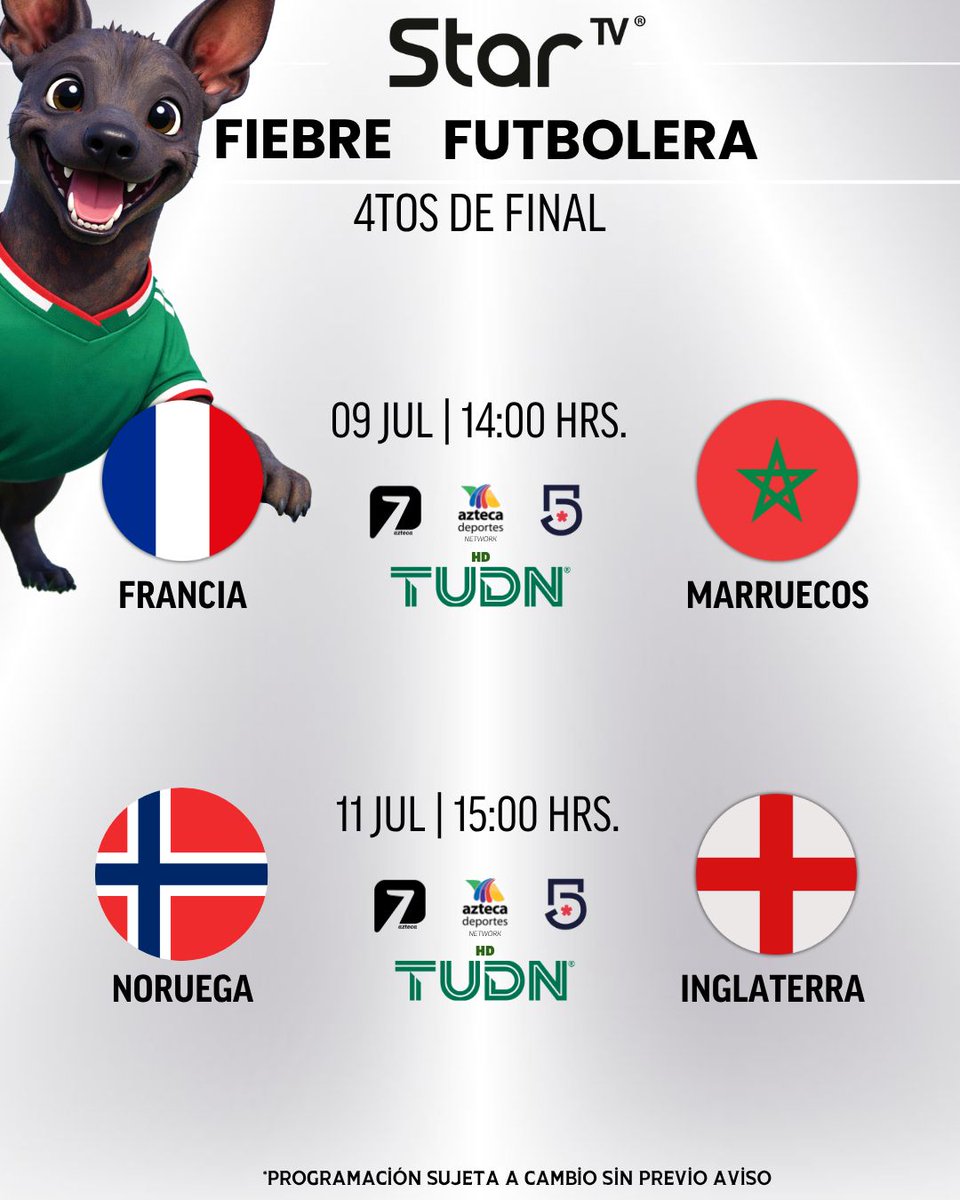 StarTVMx's tweet photo. ¡Llegó la hora de la verdad! 🔥
Los Cuartos de Final están aquí y la emoción sube de nivel. ⚽️ Revisa la agenda, no te pierdas los encuentros que tendremos por Star TV. ¡Que ruede el balón! 📡📺
#StarTV #CuartosDeFinal #FutbolEnVivo #ModoFutbol #agendafutbolera https://t.co/Ca29mtw2PS