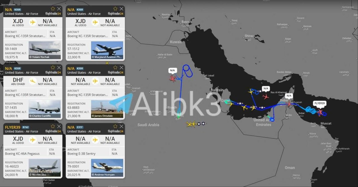 SprinterPress's tweet photo. At present, more than 12 aircraft are refueling near Iran and in the airspace of the Persian Gulf countries https://t.co/jyOqp20aMf