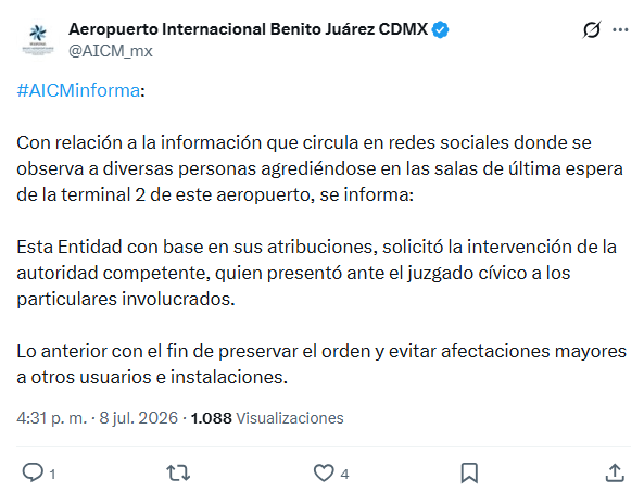 lasillarota's tweet photo. El Aeropuerto Internacional de la #CDMX informó que solicitó la intervención de la autoridad competente tras una pelea registrada en las salas de última espera de la #Terminal2, donde varias personas fueron captadas agrediéndose en videos difundidos en redes sociales.
📷: @AICM_mx
