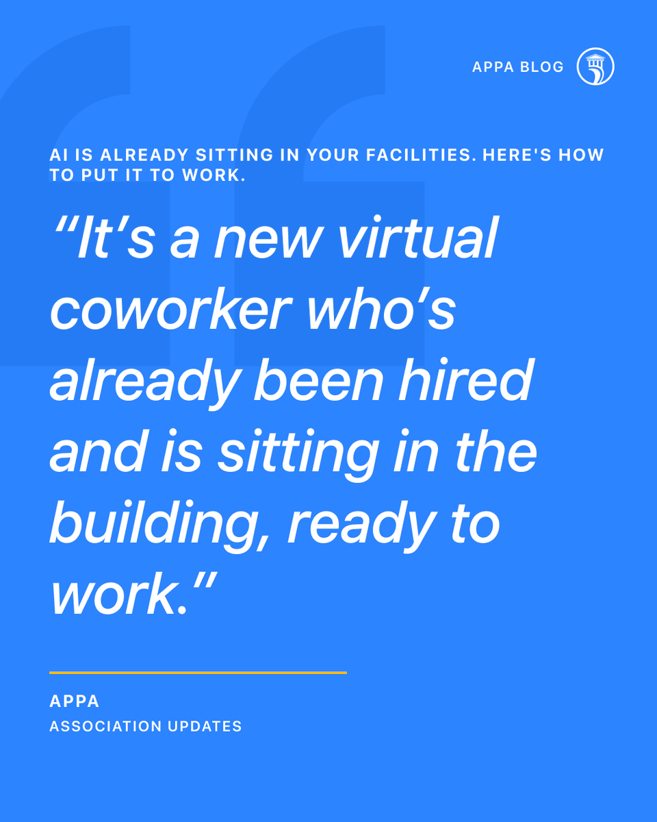 APPA_facilities's tweet photo. AI is already in your facilities. A new APPA white paper draws on what 60+ professionals learned putting it to work on real campus problems. Cohort 3 of AI for Facilities: 101 starts August 24. 
https://t.co/bM8o7uOn1U https://t.co/NB5XINr3mu