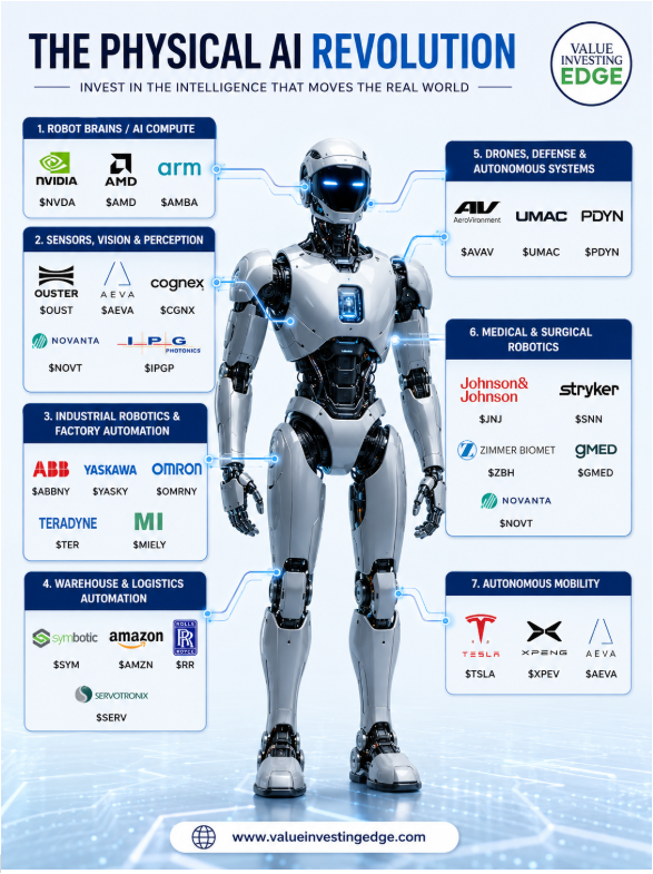 StonkValue's tweet photo. Best Robotics stocks to own before the next physical wave starts:

1. Robot Brains / AI Compute
$NVDA 
$AMD 
$ARM 
$AMBA 

2. Sensors, Vision & Perception
$OUST
$AEVA
$CGNX
$NOVT
$IPGP 

3. Industrial Robotics & Factory Automation
$ABBNY
$YASKY
$OMRNY
$TER 

4. Warehouse & Logistics Automation
$SYM 
$AMZN 
$RYCEY 
$SERV

5. Defense & Autonomous Systems
$AVAV 
$UMAC
$PDYN
$ONDS 

7. Medical & Surgical Robotics
$JNJ 
$SYK 
$SNN 
$ZBH 
$GMED

8. Autonomous Mobility
$TSLA 
$XPEV
