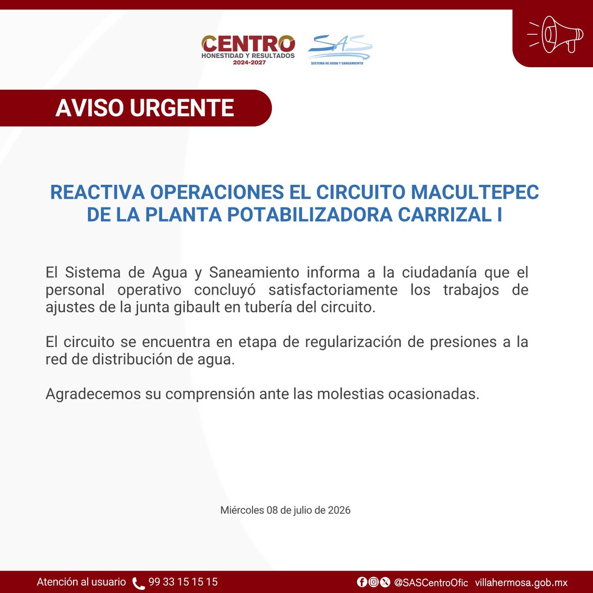 SASCentroOfic's tweet photo. 🟢 Reactiva operaciones el circuito Macultepec de la planta potabilizadora Carrizal I
#AvisoSAS @CentroInforma https://t.co/l52pydzajU