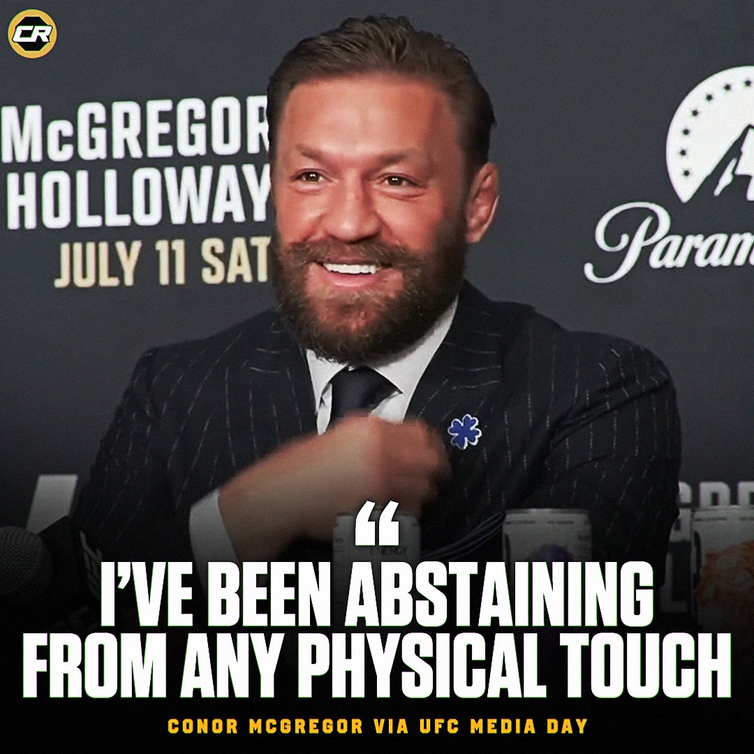 ChampRDS's tweet photo. Conor McGregor says he's been abstaining from all "physical touch" ahead of his return fight this weekend 😅

"The fire is in my belly roaring, and it's about to be released on Saturday night.

I've practiced abstaining also in this camp, it's the first time I've ever done it, from any type of physical touch. That's been intense, I'm excited to see what it brings on Saturday night.

I'm gonna have a good night Saturday, all across the board."