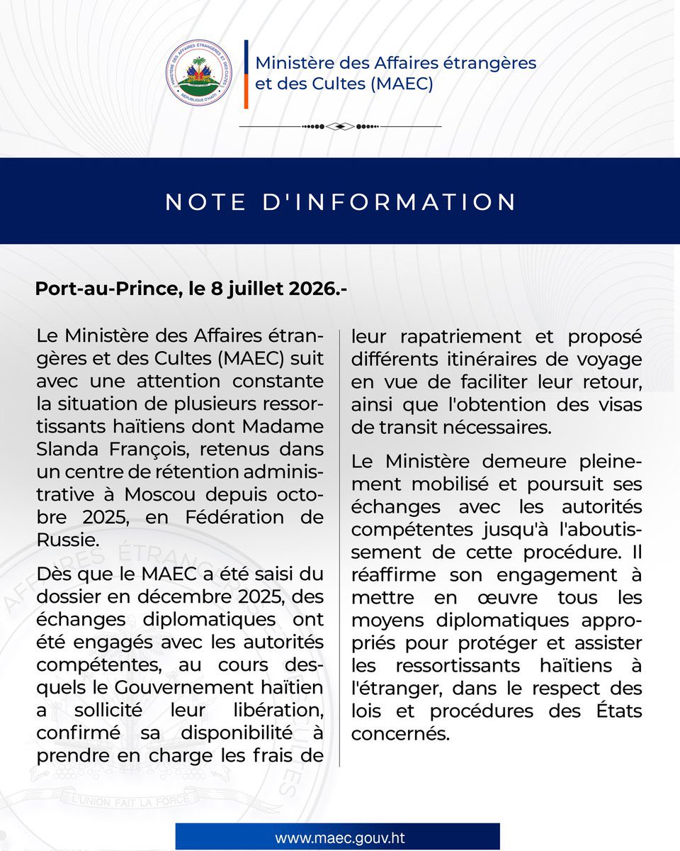 Globalinfos's tweet photo. Haïti–Russie : Port-au-Prince poursuit ses démarches pour le rapatriement de ressortissants haïtiens retenus à Moscou. Le ministère haïtien des Affaires étrangères indique suivre de près la situation de plusieurs ressortissants haïtiens, dont Slanda François, placés en rétention administrative à Moscou, en Russie, depuis octobre 2025. Selon le @MAE_Haiti, des démarches diplomatiques ont été engagées dès décembre 2025 afin d’obtenir leur libération et de préparer leur retour en Haïti. Les autorités haïtiennes précisent avoir proposé différents itinéraires de voyage, pris l’engagement de couvrir les frais de rapatriement et entrepris les démarches nécessaires pour l’obtention des visas de transit. Le ministère affirme rester mobilisé et poursuivre ses échanges avec les autorités russes jusqu’à l’aboutissement de la procédure. Il réitère son engagement à protéger et assister les ressortissants haïtiens à l’étranger, dans le respect des lois et procédures en vigueur dans les pays concernés.
#GlobalInfos