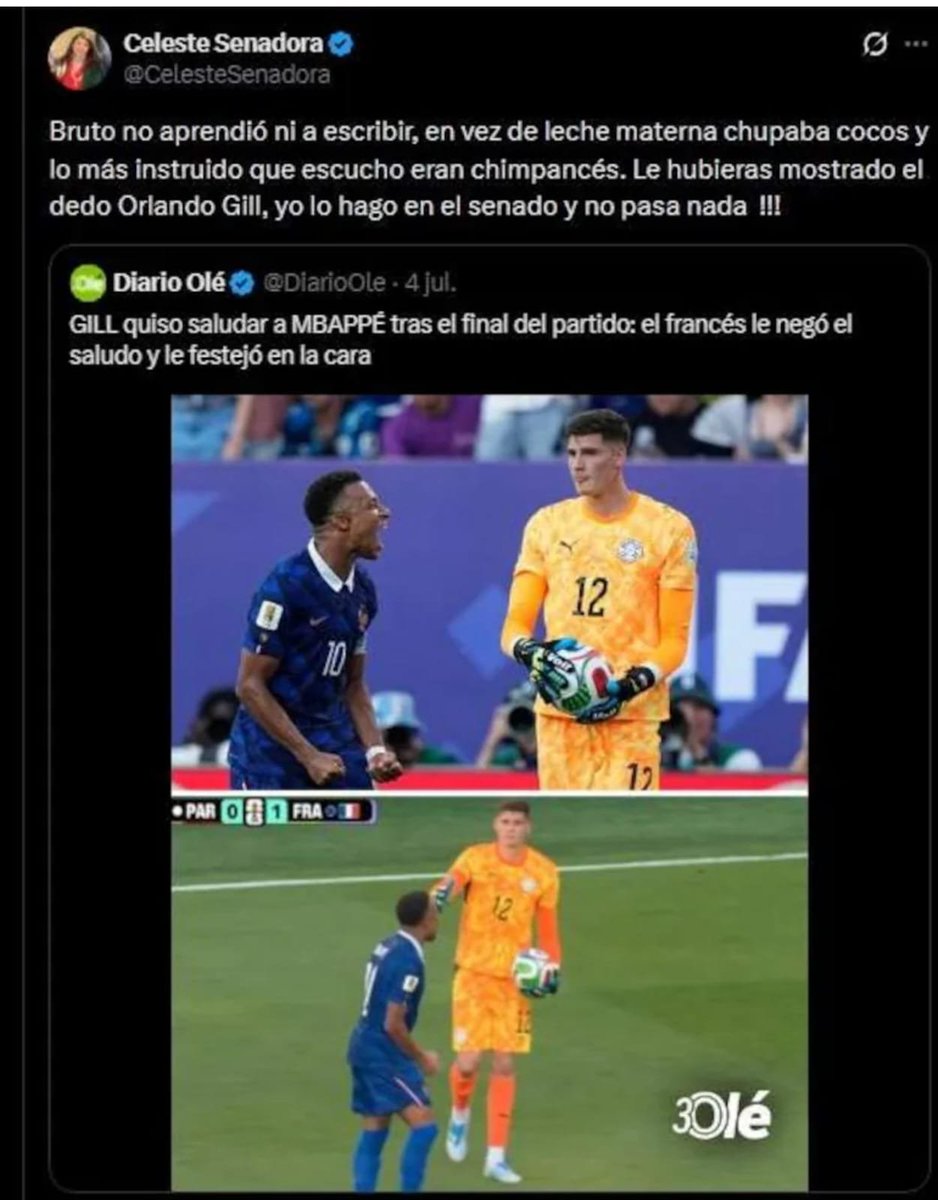 patriciajaniot's tweet photo. La senadora paraguaya Celeste Amarilla sigue siendo blanco de críticas por sus comentarios ofensivos hacia la estrella del fútbol francés, Kylian Mbappé @KMbappe .

Todo inició después que Paraguay perdió por un penal ante la selección francesa. La senadora publicó este tuit con ofensas racistas, el cual borró  tras la presión social y el reclamo de Mbappé. Pero ella sigue.

Hoy usó palabras vulgares al referirse al futbolista.
Juzguen ustedes.

Terrible forma de opacar la imagen positiva que dejó Paraguay en el mundial y de crear controversias innecesarias alrededor la fiesta del futbol.