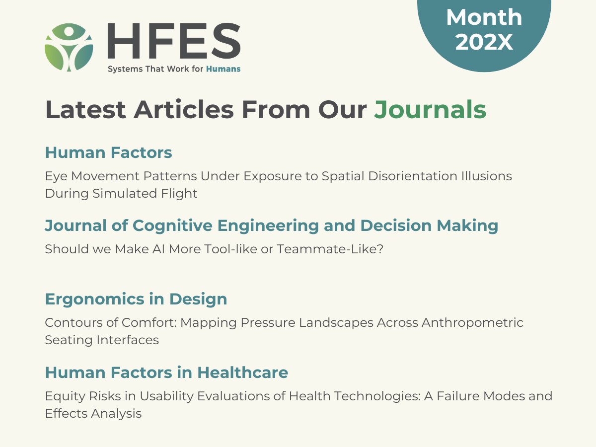 HFES's tweet photo. Check out our editors’ picks from HFES journals:

Human Factors: https://t.co/7vM9tz96F2  
Journal of Cognitive Engineering and Decision Making: https://t.co/RoqTJUnReg 
Ergonomics in Design: https://t.co/FcVmZNRY0t 
Human Factors in Healthcare: https://t.co/eLGIpPbpyq https://t.co/w1Relrbhy2