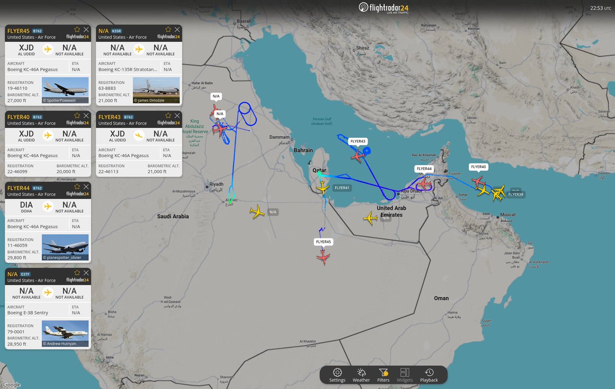 sentdefender's tweet photo. Here's the current military air picture over the Middle East as U.S. forces continue what the Pentagon has described as self-defense strikes against Iranian targets following Tehran's attacks on commercial shipping and U.S. interests and regional partners.

Currently visible are 10 U.S. Air Force aerial refueling aircraft (4 KC-135 Stratotankers and 6 KC-46A Pegasus) along with a U.S. Air Force E-3 Sentry airborne early warning and control aircraft.