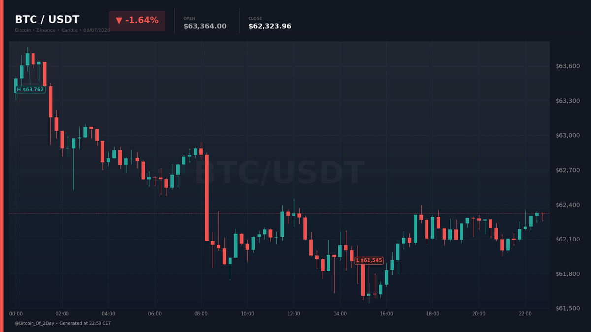 Bitcoin_Of_2Day's tweet photo. 📉 BTC/USDT — 08/07/2026
Open: $63,364.00 | Close: $62,323.96 | -1.64%
Performance of the day 📊

#Bitcoin #BTC #Crypto #Trading https://t.co/wR98LwEZCf
