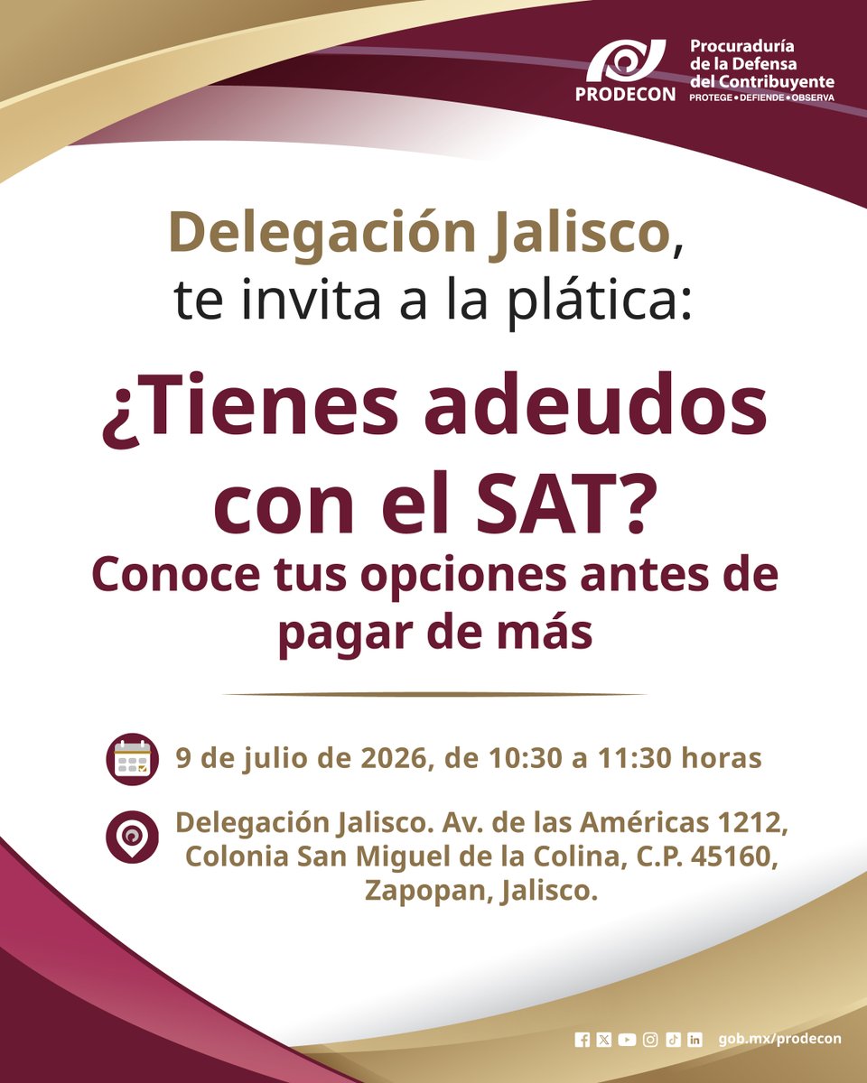 ProdeconMexico's tweet photo. 🔉 ¡Atención, Jalisco!

¿Tienes adeudos con el SAT y quieres regularizar tu situación fiscal? 🤔

Participa en nuestra sesión informativa y recibe asesoría gratuita sobre tus derechos, obligaciones y las opciones para regularizarte. 🤝

📍 Actividad del proyecto Empoderamiento Fiscal.

🟢 Entrada libre.

¡Te esperamos! ✨

#PorTiEstamosAquí