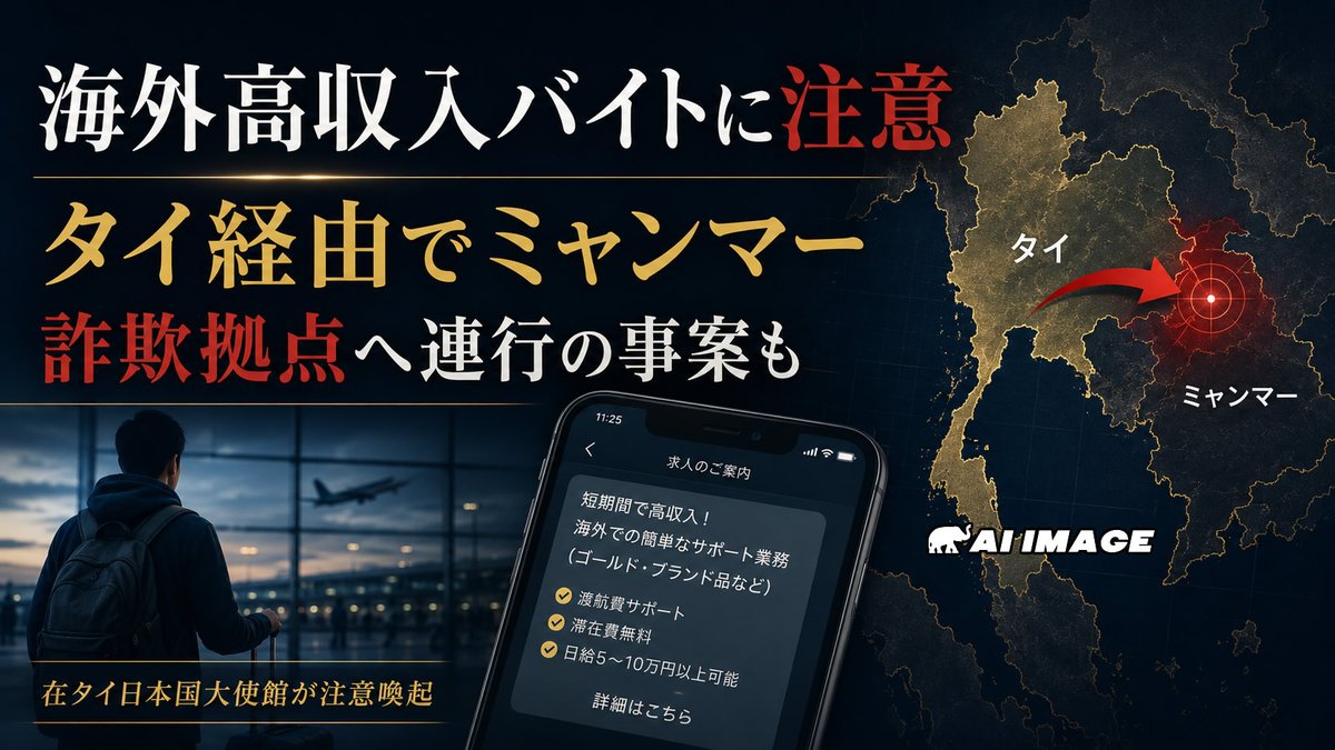ThaiHyper's tweet photo. 海外高収入バイトに注意、タイ経由でミャンマー詐欺拠点へ連行される事案も 
https://t.co/4nDFzY2L11 
在タイ日本国大使館は2026年7月8日、海外での高額収入をうたうアルバイトなどに関する注意喚起を発出しました。SNSや知人からの誘いをきっかけにタイへ渡航した日本人が、タイと国境を接するミャンマー・カレン州周辺の詐欺拠点へ連れて行かれ、特殊詐欺などの不法行為に従事させられそうになる事案が複数発生しているとしています。