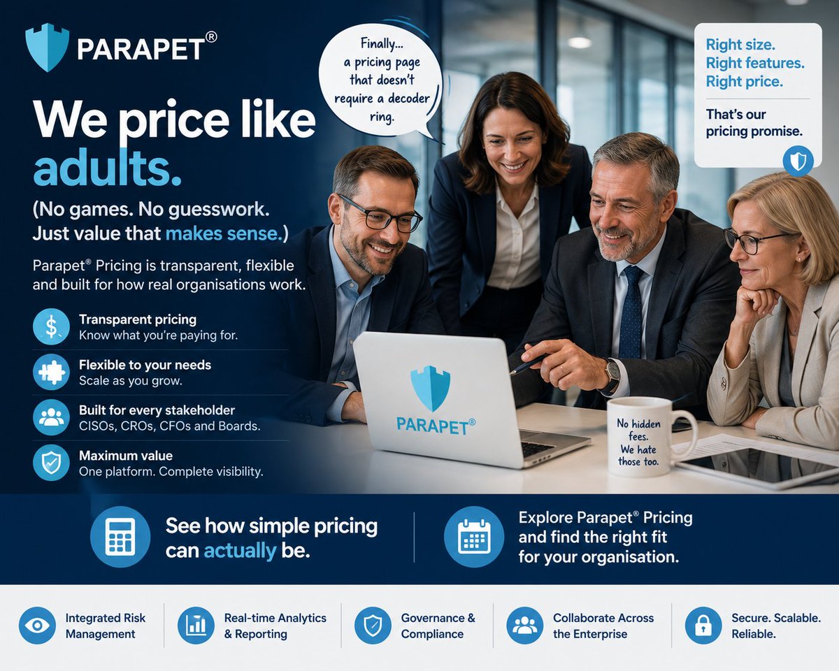 ParapetIRM's tweet photo. If your software quote needs three meetings and a decoder ring... it might be time for a different approach.

Transparent pricing. No surprises.

https://t.co/VjBKx6auQ7

#RiskManagement #GRC https://t.co/SrvGR3cx6z
