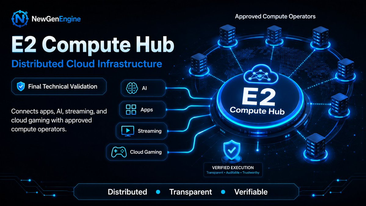 NewGenEngine's tweet photo. NewGenEngine is in final technical validation.

E2 Compute Hub is a distributed cloud infrastructure layer.

It is designed to connect apps, AI systems, streaming sessions, and cloud gaming workloads with approved compute operators.

The goal is simple: make cloud computing more distributed, transparent, and verifiable — with evidence that the work was executed correctly.

Built for AI, applications, streaming, gaming, and infrastructure that need trust.