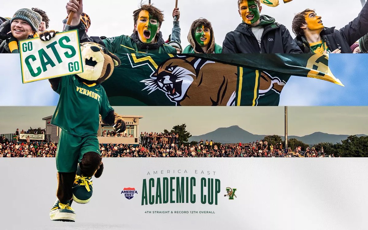 uvmvermont's tweet photo. .@UVMathletics has earned the America East Academic Cup for the 4th consecutive year and a conference-record 12th time overall. Congratulations to our student-athletes for proving that excellence isn't limited to game day! 💪 📚 
Read more: https://t.co/3mmb7oMYpu
#LetsRally https://t.co/1gxpCJrGhl