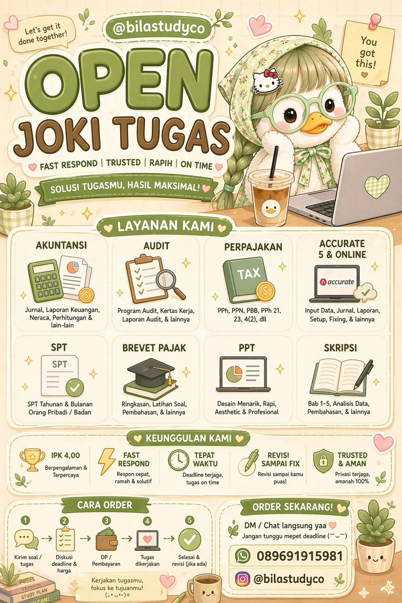 bilastudyco's tweet photo. yuk yg butuh bantuan joki tugas dan kuis akuntansi, perpajakan, audit, Accurate 5 &amp; online, SPT, laporan keuangan, PPT, jasa ketik, jurnal Sinta/scopus, formatting, kajian pustaka dll bole lgsung tanya tanya di wa yahh. From 5k aja‼️
#jokiakuntansi #jokitugas #zonauang #zonaba https://t.co/OpnAZ8JHso