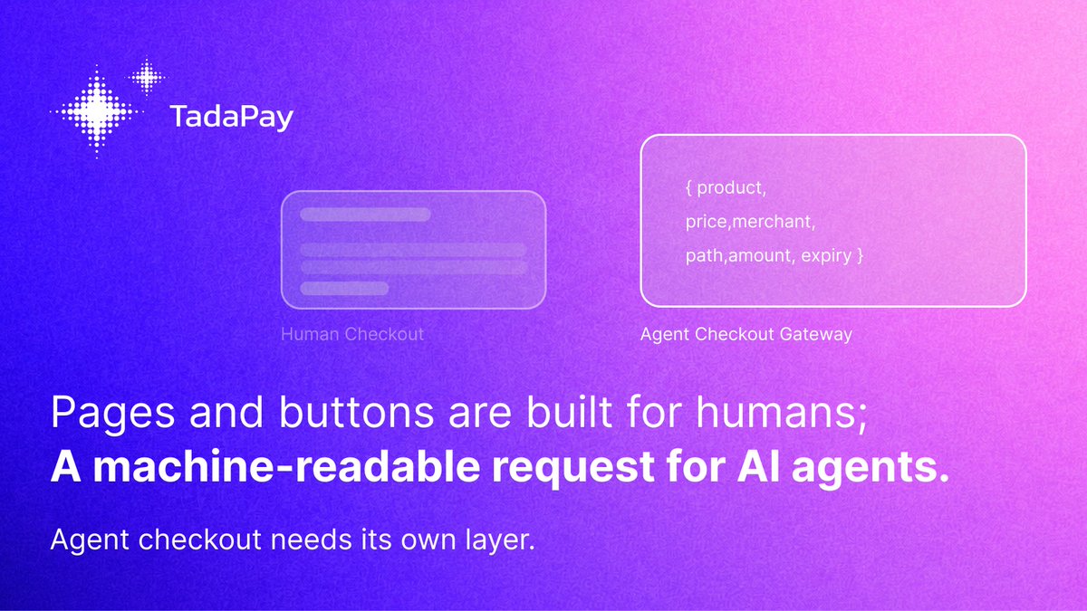 TadaPay_ai's tweet photo. Traditional checkout is built for humans: pages, buttons, forms, confirmation screens. 

Agents read none of that. They need machine-readable products, prices, merchant identity, and payment paths. 

Agent checkout needs its own merchant layer.

#AI #Payment #TadaPay
