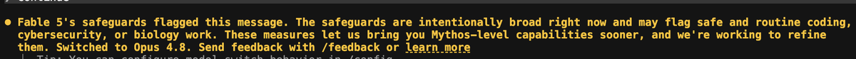 mahirb22's tweet photo. Fable 5 is unusable man! How the hell can code review trigger a safeguard. https://t.co/fxNpoxaYfC