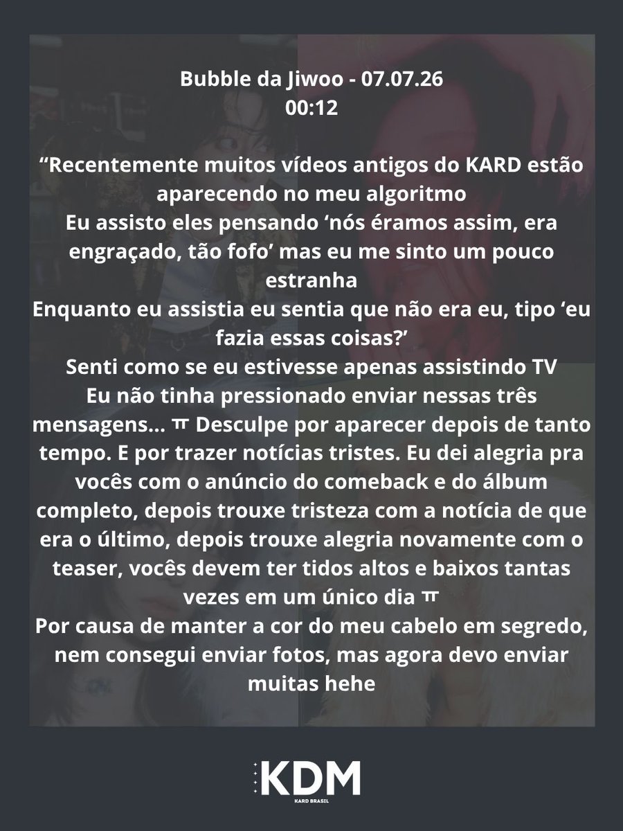KDMBrasil's tweet photo. 🫧 07.07.26 - Jiwoo apareceu no bolha pra falar sobre o disband. 

“[…] Mas vendo os artigos e comentários... Eu acabei tendo esse pequeno pensamento egoísta: ‘Vocês todos poderiam ter prestado atenção em nós bem mais cedo' […]” https://t.co/aRIih71M3g