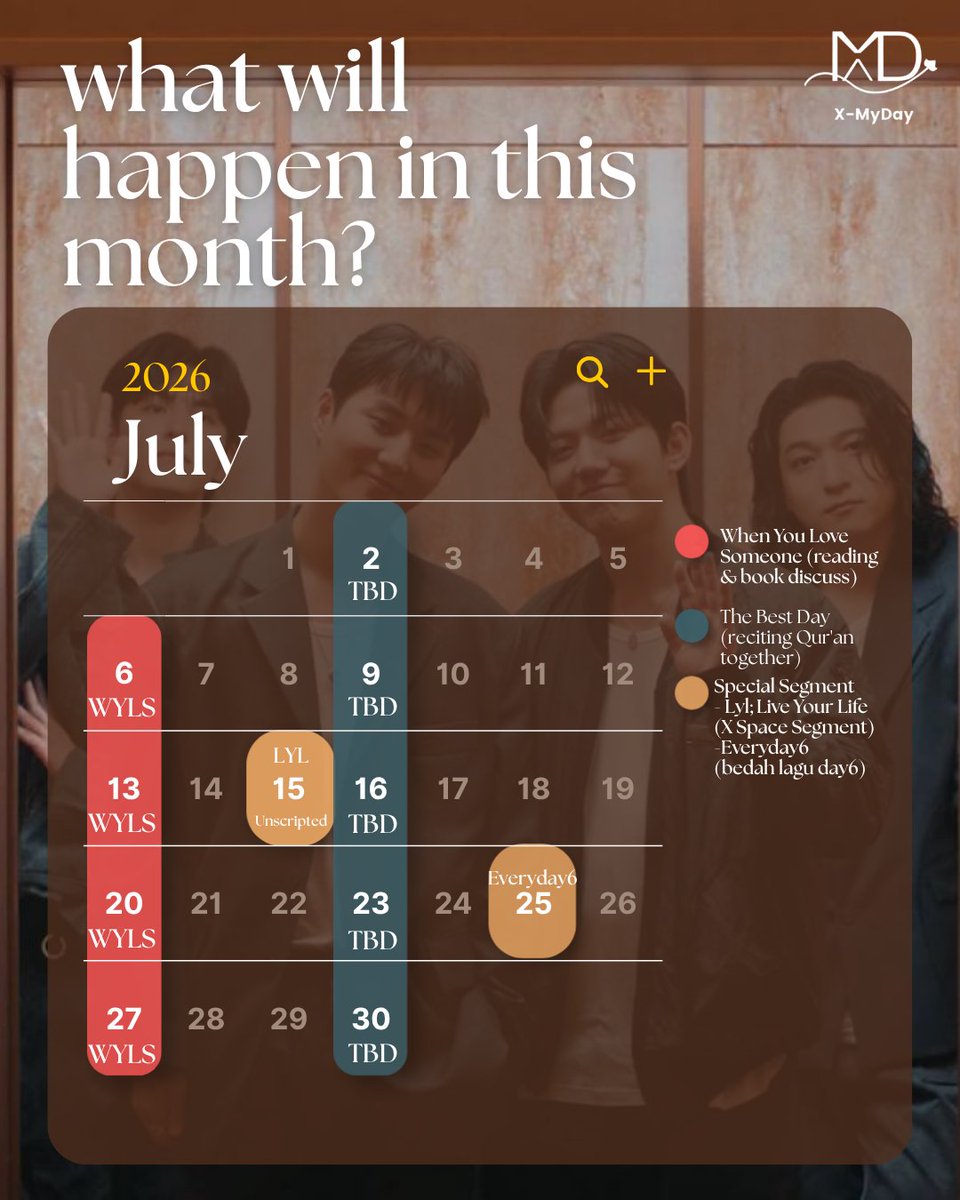 xtra_myday's tweet photo. 🏷 — Juli 2026

Assalamualaikum Haru dan Jars-deul!
Kembali lagi dengan X-MyDay di bulan Juli, siap-siap yuk intip jadwal seru apa aja yang bakal menemani hari-hari kalian bulan ini! Langsung aja ceki-ceki di bawah, jangan sampai ada yang terlewat ya! 👀

#CallenderXMD
#XMDMoment https://t.co/Im06ZHLTVs