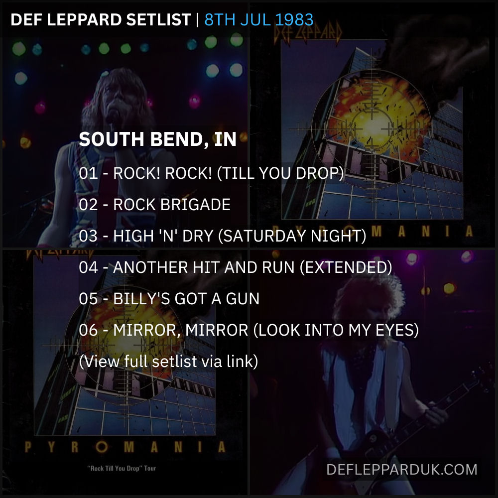 dltourhistory's tweet photo. Def Leppard #Setlist for a show in
South Bend IN USA 🇺🇸 43 Years Ago on this day in 1983
01 - Rock! Rock! (Till You Drop)
02 - Rock Brigade
03 - High 'N' Dry (Saturday Night)...
#defleppard #Pyromania #steveclark
https://t.co/f5KOdDMV0Q https://t.co/gtx5KC5TK7