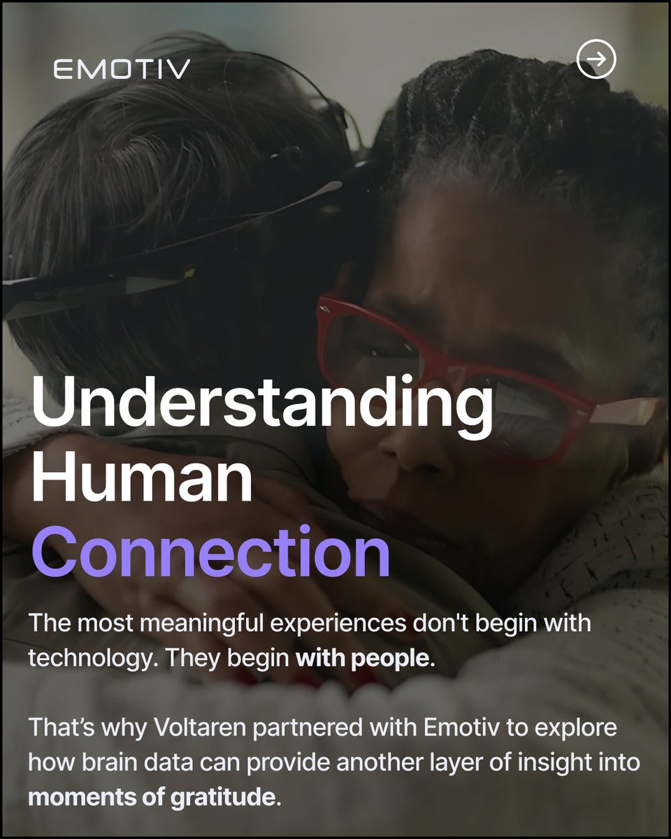 emotiv's tweet photo. Some experiences tell us more than words alone.
Voltaren's Acts of Care campaign explored how brain data can add another layer of understanding to moments of gratitude, helping researchers better understand human experience in real-world contexts. https://t.co/kuIKcTkeXR https://t.co/ueFBuVS6vT
