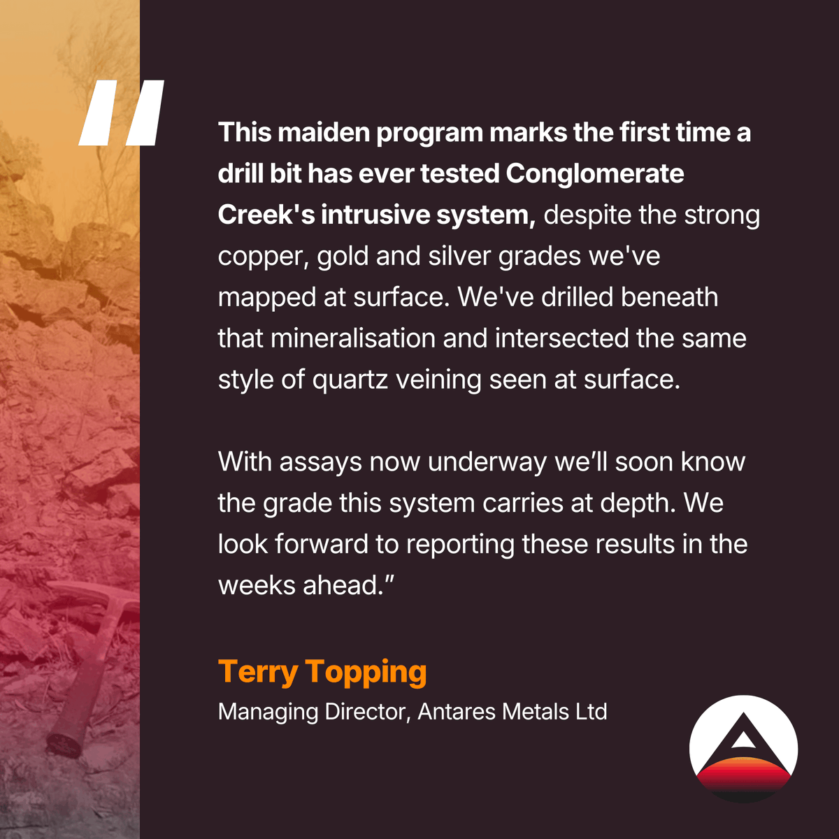 AntaresMetals's tweet photo. Antares' maiden drilling program at Conglomerate Creek Target 2 is now complete.

The 6-hole, 780m RC program successfully intersected the quartz vein system, below surface mineralisation with rock chip samples up to 21.3% Cu.

Assay results from all six holes are expected in the coming weeks.

Read the full announcement here: https://t.co/gESypJxwfI

$AM5 #ASXnews #copper #exploration
