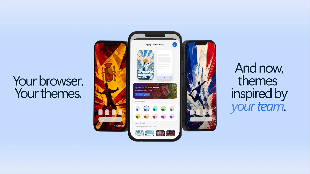 Three smartphones display Edge mobile themes inspired by national soccer teams. The screens show Spain, Argentina, and France inspired themes with team colors and a customization interface. Text on the slide reads “Your browser. Your theme. And now, themes inspired by your team.”