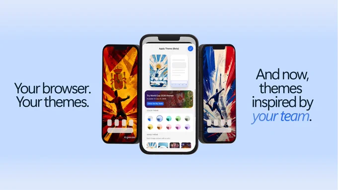 Three smartphones display Edge mobile themes inspired by national soccer teams. The screens show Spain, Argentina, and France inspired themes with team colors and a customization interface. Text on the slide reads “Your browser. Your theme. And now, themes inspired by your team.”