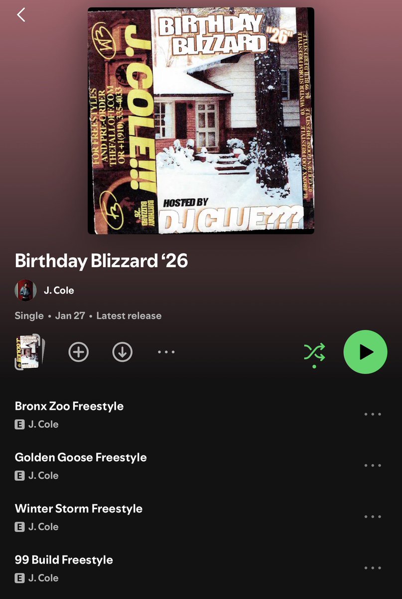 JColeOnTour's tweet photo. J. Cole has finally released Birthday Blizzard on streaming services ❄️

Which track is your favorite? 👇 

Bronx Zoo Freestyle
Golden Goose Freestyle
Winter Storm Freestyle
99 Build Freestyle https://t.co/GLiNbuWEsw