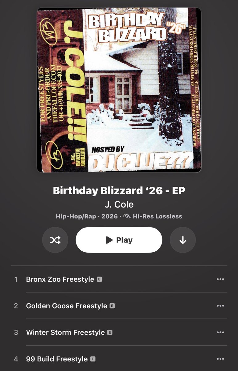 JColeOnTour's tweet photo. J. Cole has finally released Birthday Blizzard on streaming services ❄️

Which track is your favorite? 👇 

Bronx Zoo Freestyle
Golden Goose Freestyle
Winter Storm Freestyle
99 Build Freestyle https://t.co/GLiNbuWEsw