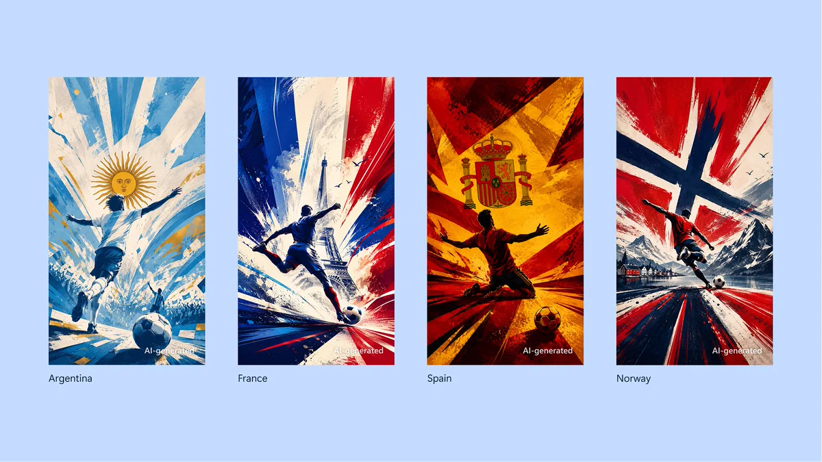 Four AI‑generated soccer posters inspired by Argentina, France, Spain, and Norway. Each poster shows a player in motion with colors, symbols, or landmarks associated with the country’s flag and identity.