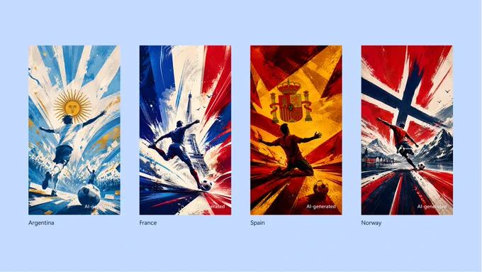 Four AI‑generated soccer posters inspired by Argentina, France, Spain, and Norway. Each poster shows a player in motion with colors, symbols, or landmarks associated with the country’s flag and identity.