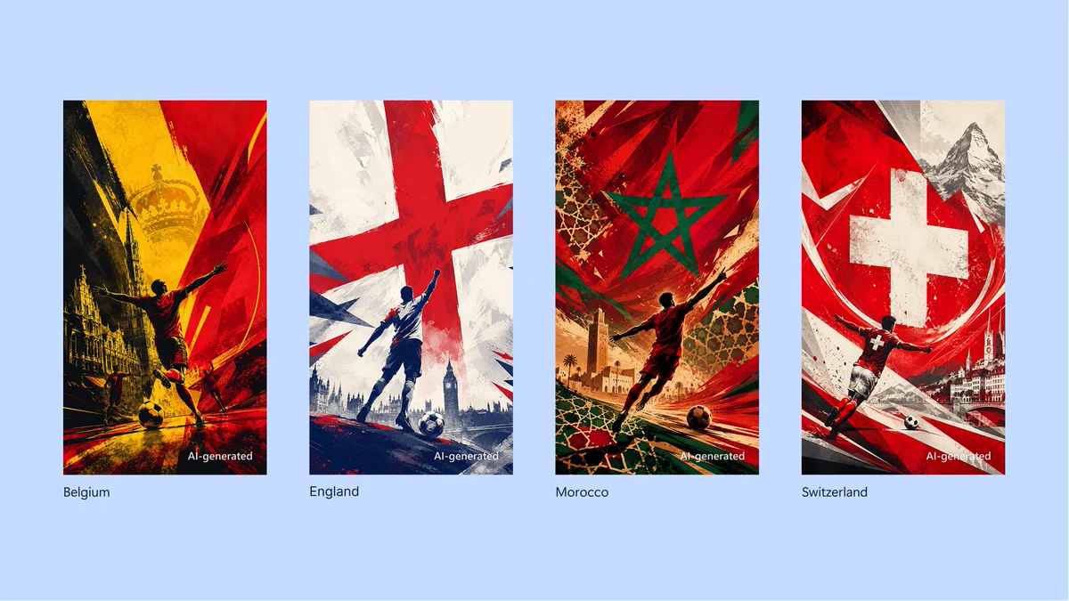 Four AI‑generated soccer posters inspired by Belgium, England, Morocco, and Switzerland. Each poster features a player and national colors or emblems, including flag motifs and recognizable landmarks.