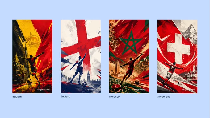 Four AI‑generated soccer posters inspired by Belgium, England, Morocco, and Switzerland. Each poster features a player and national colors or emblems, including flag motifs and recognizable landmarks.