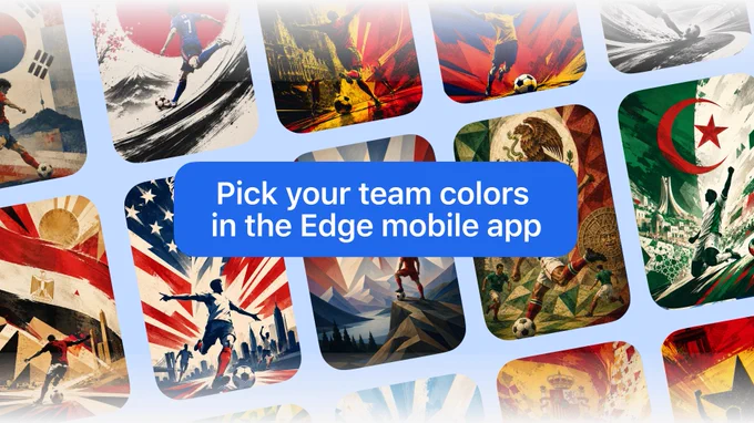 A collage of multiple AI‑generated soccer artworks representing various national teams. In the center, a blue box reads “Pick your team colors in the Edge mobile app”