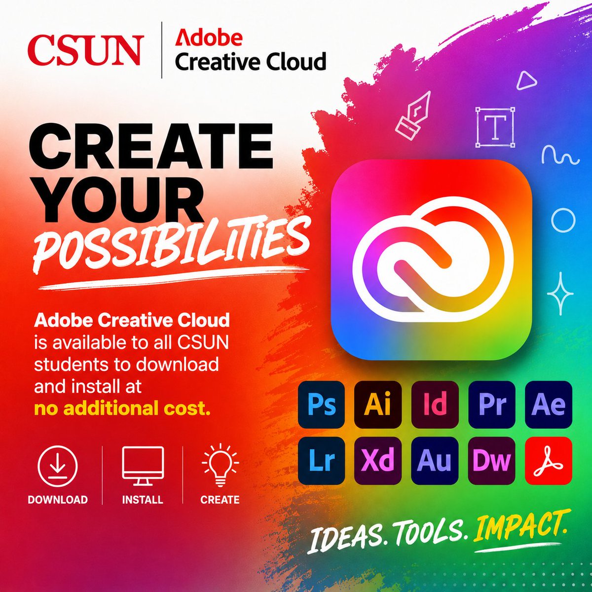 csunhelpcenter's tweet photo. The Adobe Creative Cloud is available for #CSUN students. All Creative Cloud products (e.g. Photoshop, InDesign, Illustrator, Premiere, Spark, XD, and more) are available for students to download and install. For more info: https://t.co/qWQBUMY9b4 https://t.co/FCnX2Q729T